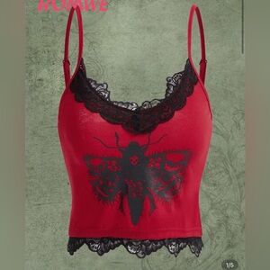 Red and Black Lace Crop Top with Skull Design